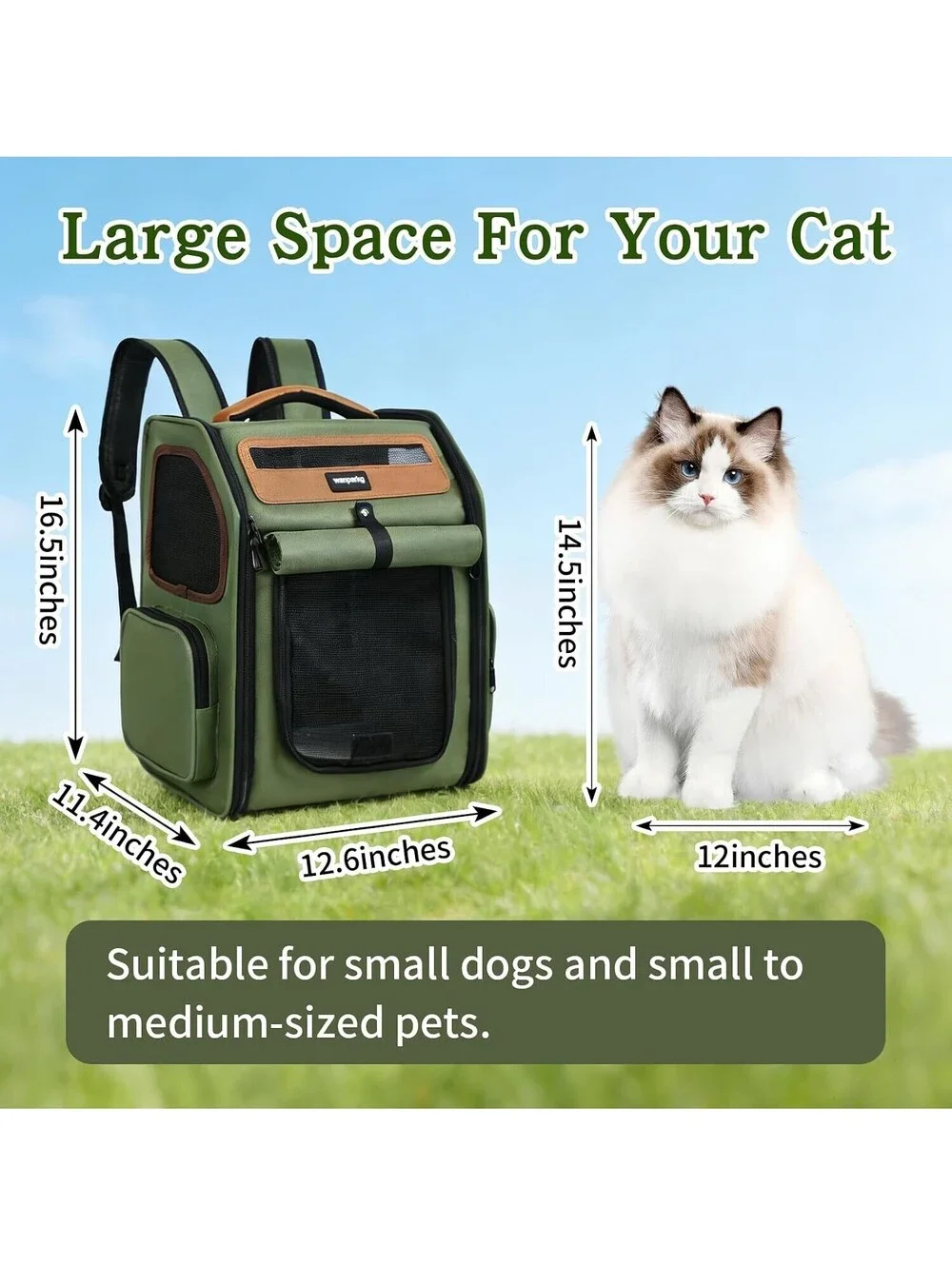 Cat Backpack Carrier Breathable Mesh Travel Bag Small Dog Pet Green 16.5